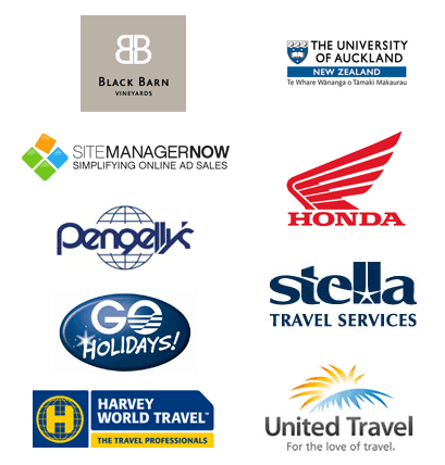 Our direct clients include Sustainable Business Council, Rishworth Aviation, Black Barn Vineyards, The University of Auckland, SiteManagerNow, Pengellys, Blue Wing Honda, Go Holidays, Stella Travel Services, United Travel, Harvey World Travel.